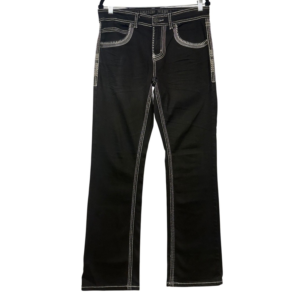 Lamasini Mens Black Contrast Thick Stitch Embroidered Straight Leg Jeans 32x32